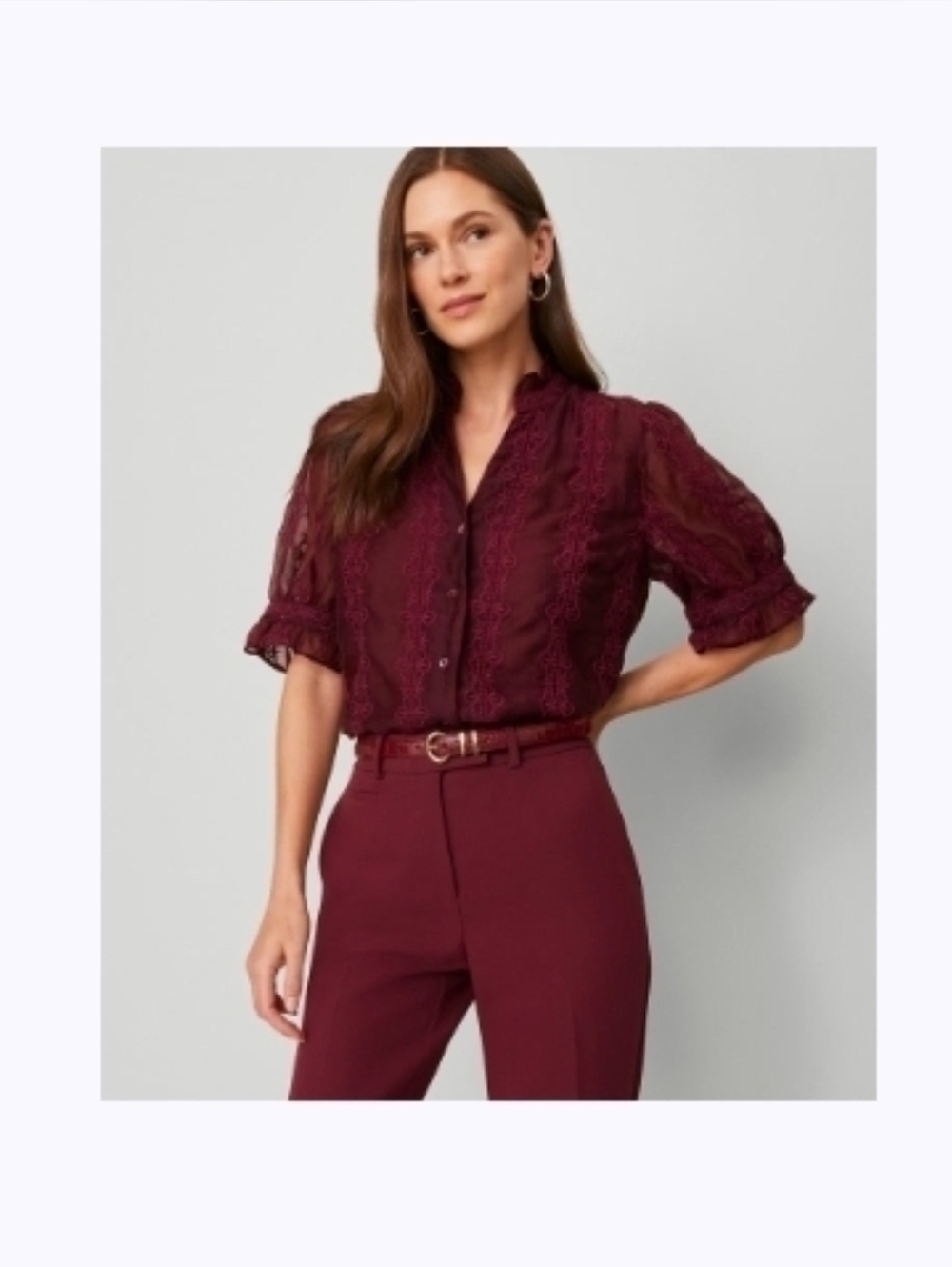 Ann Taylor Ruffle Lace Button-Front Blouse in Deep Burgundy
